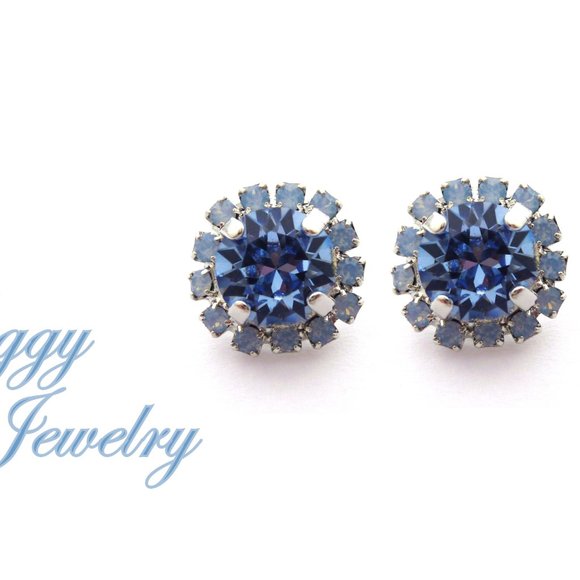 Swarovski Crystal Light Sapphire and Air Blue Opal Halo Studs Post Earrings - Picture 1 of 7